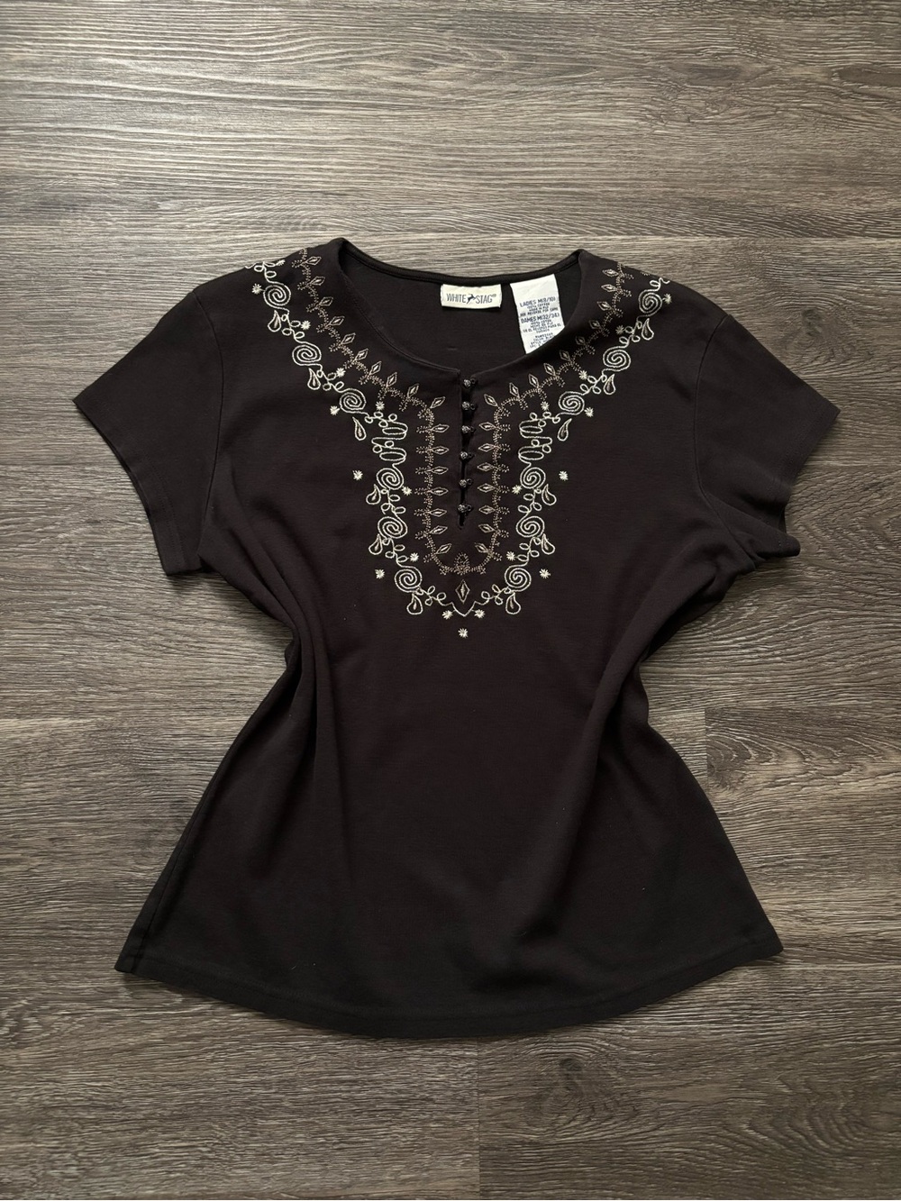 White Stag Black Short Sleeve Top with Silver Embroidery